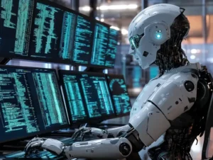 Humanoid Robot With Glowing Blue Lights Programming At Multiple Monitors In A Futuristic Office And Wix Vs Wordpress