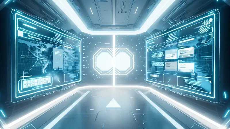 Futuristic digital interface showing two advanced web platforms side by side, symbolizing the comparison between WordPress and Wix.