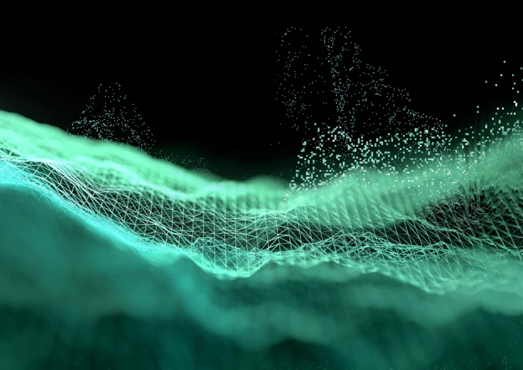 Small Business Server: What Is Better For Your Business? Physical Onsite Server Vs Cloud Offsite Server. 4 Abstract Green Digital Wave And Network Grid Symbolizing Scalability, Flexibility, And Data Flow In It Systems