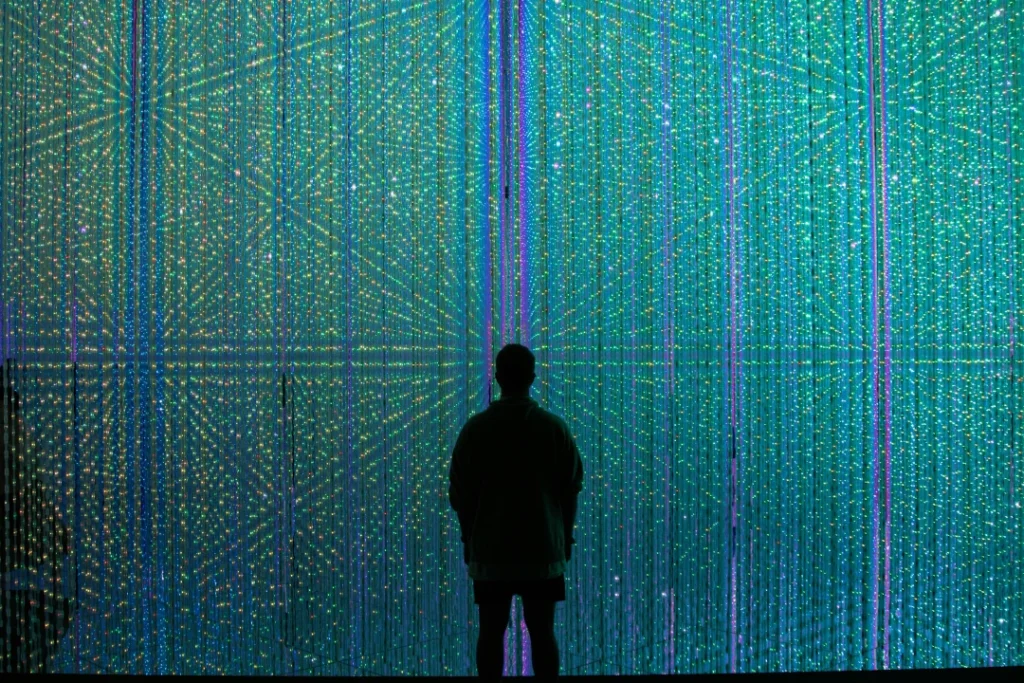 Silhouette Of A Person Standing In Front Of A Glowing Digital Wall Of Data Points, Symbolizing Artificial Intelligence, Big Data, And The Future Of Technology.