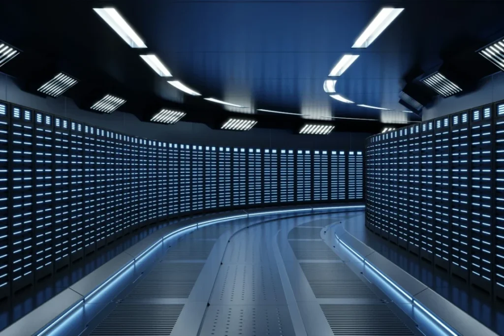 Large data center with rows of glowing physical servers representing on-premise IT infrastructure