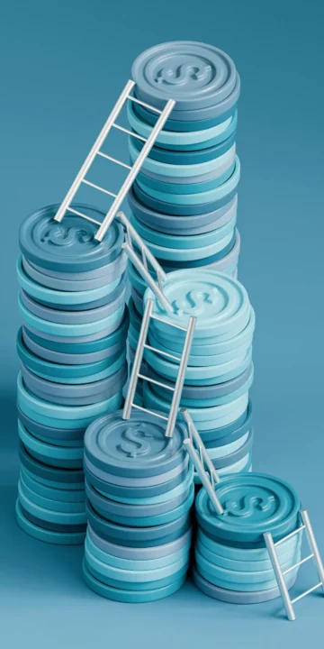 Abstract Stacks Of Blue Digital Coins With Small Ladders Symbolizing Financial Growth And Opportunity