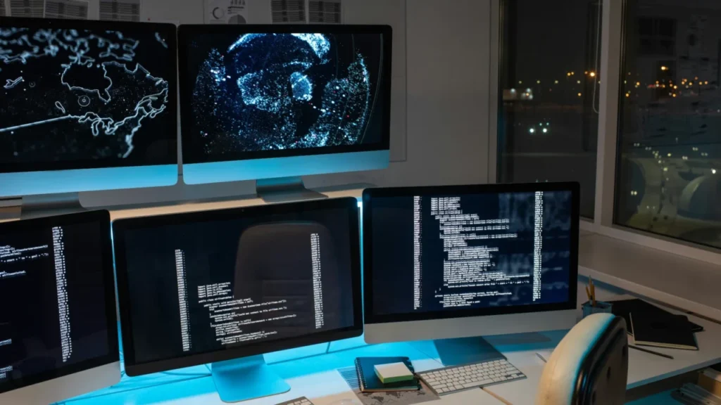 Ai Agents For Small Business: Practical Automation Every Colorado Company Can Use Today 5 Cybersecurity Operations Center With Multi-Monitor Workstation Displaying Code, System Logs, And Global Threat Intelligence Dashboards