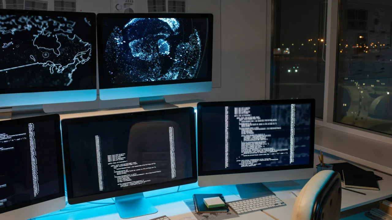 Cybersecurity Operations Center With Multi-Monitor Workstation Displaying Code, System Logs, And Global Threat Intelligence Dashboards For Topshelf Technology Cybersecurity Services