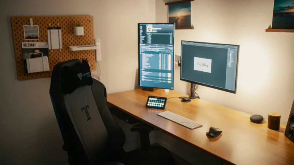 Modern Small Business It Workstation With Dual Monitors And Organized Desk Setup