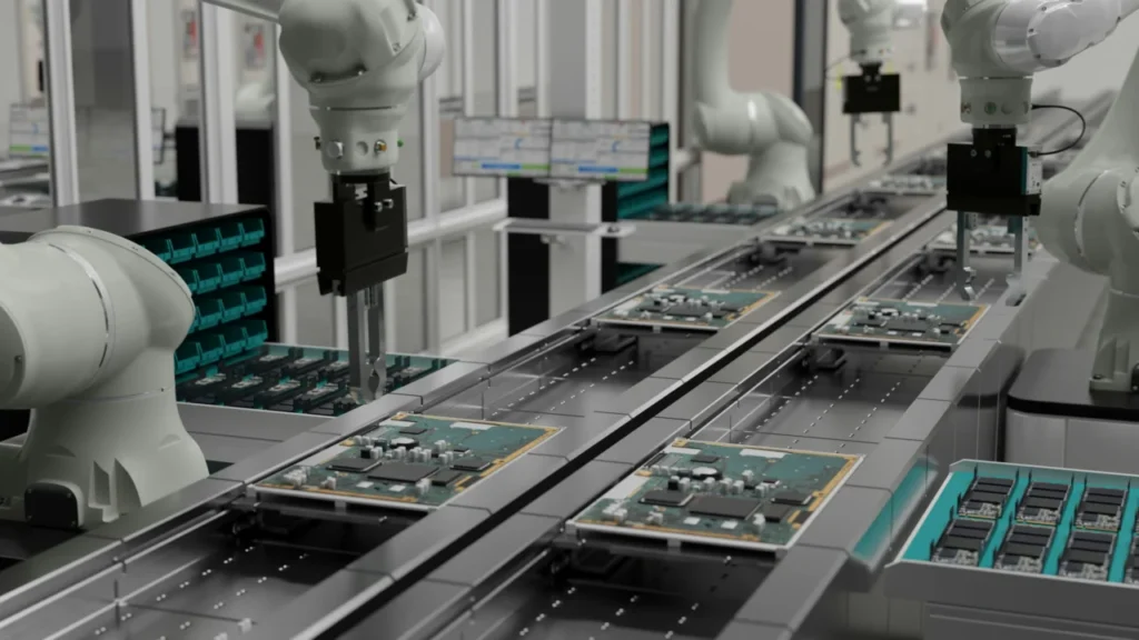Industrial Robotic Arms Assembling Printed Circuit Boards On An Automated Electronics Manufacturing Conveyor Line Inside A Modern Factory Facility.