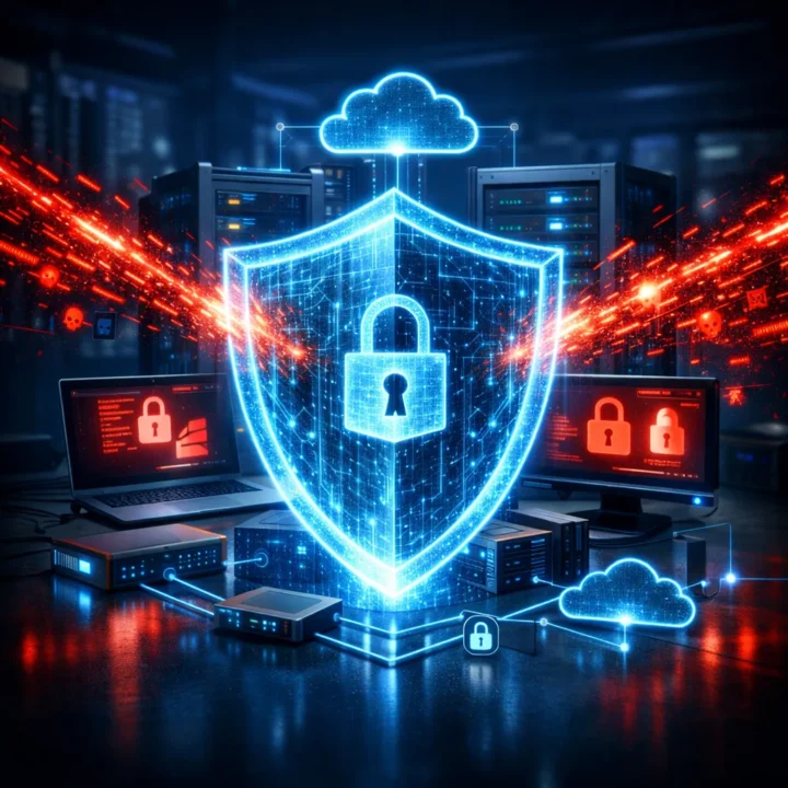 Glowing Cybersecurity Shield Protecting Servers, Laptops, And Cloud Systems From Incoming Ransomware And Cyber Attacks