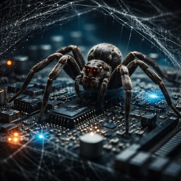 Large Spider With Glowing Red Eyes Crawling Across A Computer Motherboard With Web Strands Representing Malware And Cyber Threats Inside A Network