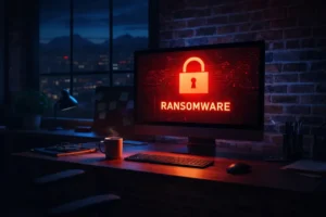 Computer Screen Showing Ransomware Warning In A Small Denver Startup Office With Exposed Brick And City Skyline At Night