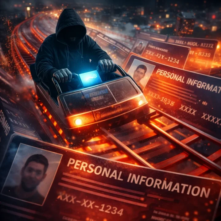 Hacker Riding A Roller Coaster Made Of Stolen Personal Data Representing Cyber Threats And The Importance Of Ransomware Protection For Small Business Networks And Sensitive Information.