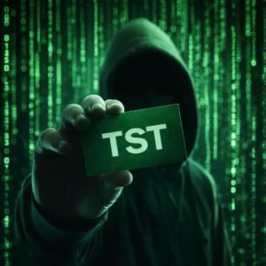 Hooded Hacker Holding A Card Labeled Tst In Front Of A Green Matrix-Style Background Representing Cybersecurity Protection And Digital Threats