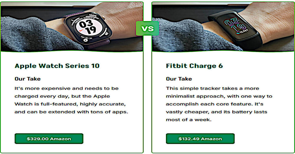 Side-by-side comparison of the Apple Watch Series 10 and Fitbit Charge 6, displaying their clock screens and key differences.