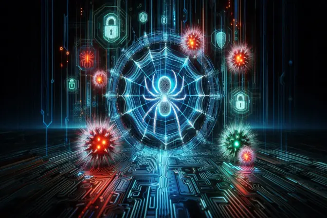 A glowing digital spider web with a cybernetic spider at the center, surrounded by virus-like entities and security padlocks, symbolizing cybersecurity threats and defenses.