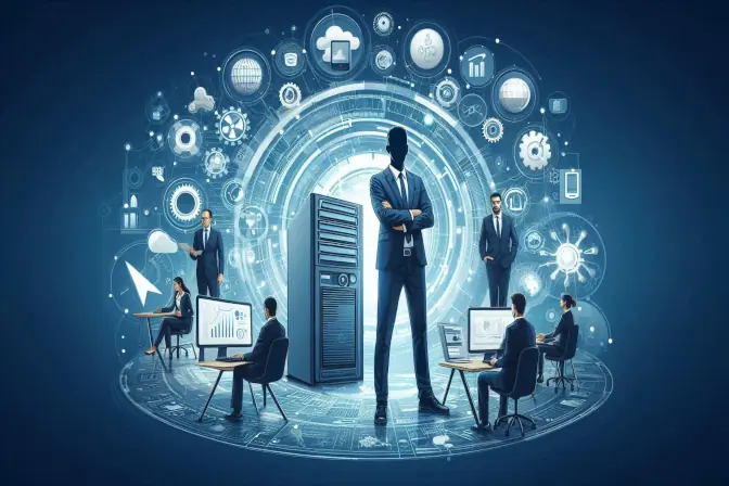 A group of business professionals in suits are working around a large central server, with various technology and data icons surrounding them in a circular pattern.
