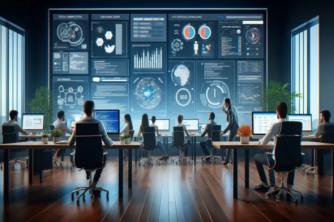 A modern office environment where professionals work at desks with computers, while a large digital display wall showcases various data visualizations and business analytics.