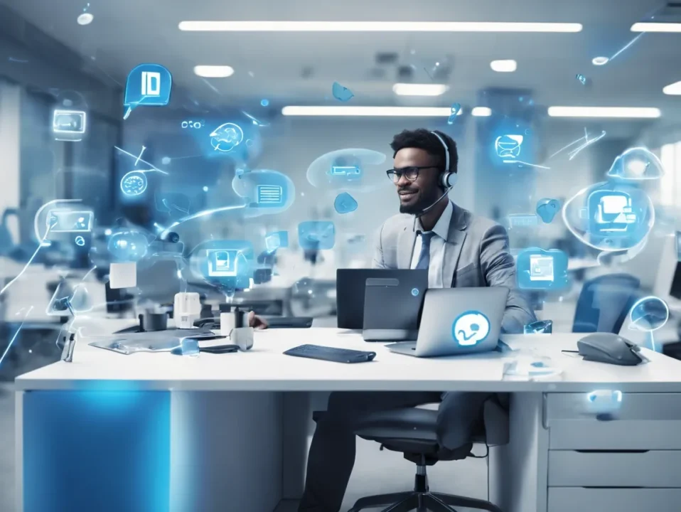 Contact Topshelf Technology for expert IT support—professional agent smiling at desk surrounded by digital tech icons.