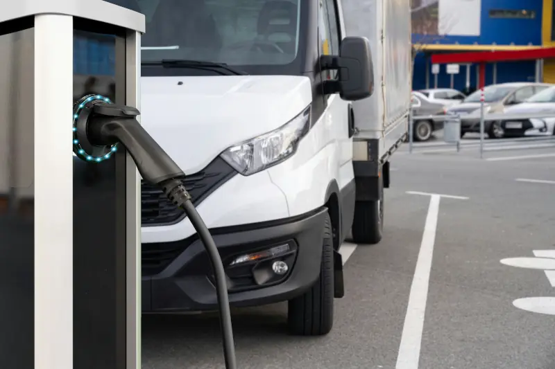 A white electric delivery van charging at a public EV station in a parking lot