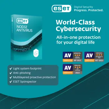 ESET NOD32 Antivirus product image with cybersecurity feature highlights and AV awards