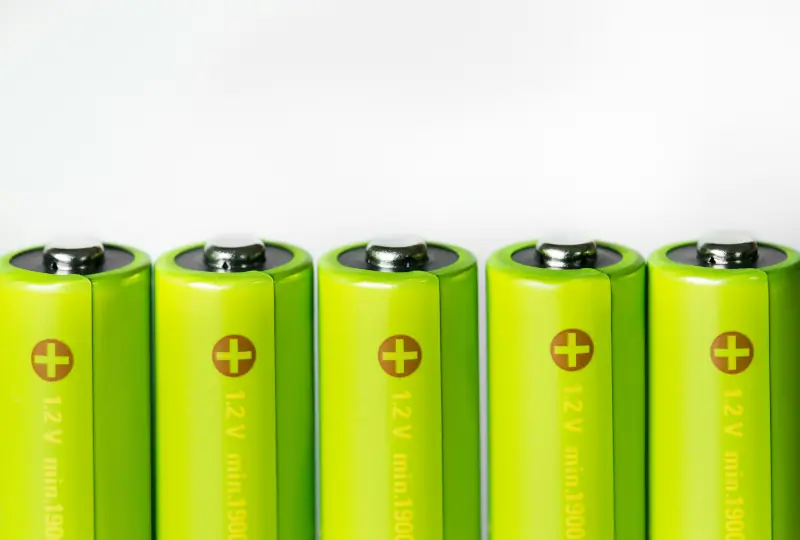 Close-up of green rechargeable batteries standing upright in a row