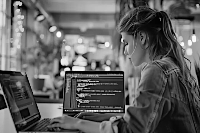 A developer working on two laptops in a modern workspace, writing and reviewing Python code displayed on the screens.