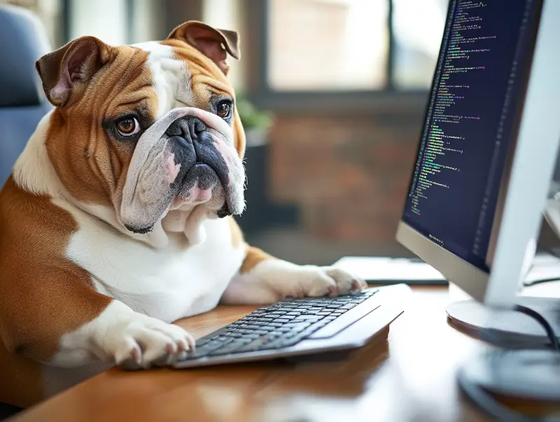English Bulldog sitting at a desk using a computer with code on the screen, showing you a WordPress vs Wix comparison.