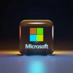 3D Microsoft logo cube with glass effect and vibrant reflections on a dark background