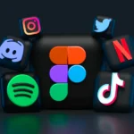 3D-rendered icons of popular social media apps arranged around a central Figma logo and website load speed.