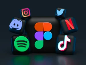 3D-rendered icons of popular social media apps arranged around a central Figma logo and website load speed.