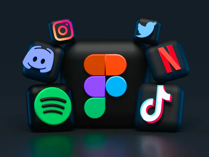 3D-rendered icons of popular social media apps arranged around a central Figma logo and website load speed.