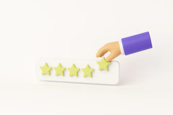 A 3D cartoon hand in a purple sleeve places the fifth star on a five-star rating bar against a soft white background