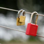 Three Padlocks Secured On Steel Cables Symbolizing Network Protection