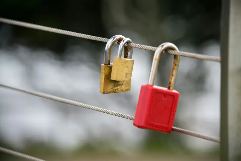 Three padlocks secured on steel cables symbolizing network protection