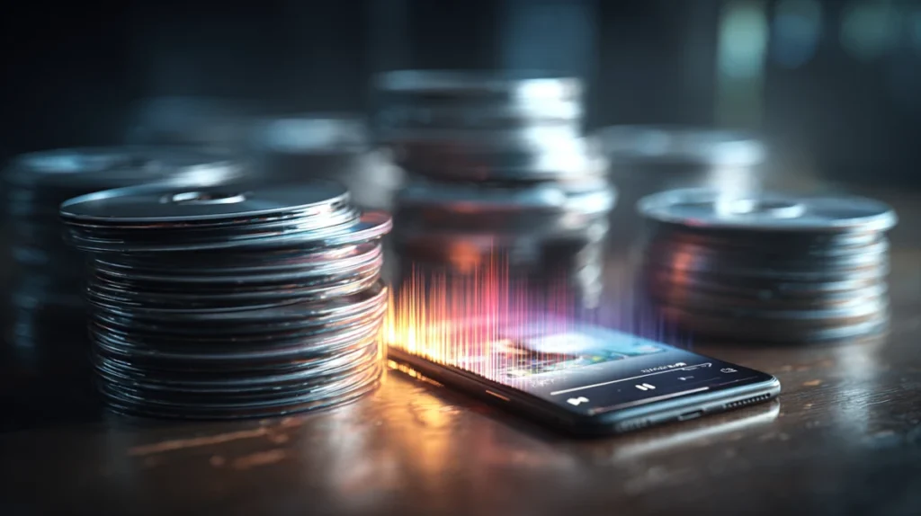 Cd To Digital Format 7 Stacks Of Cds Beside A Smartphone With A Glowing Digital Music Waveform