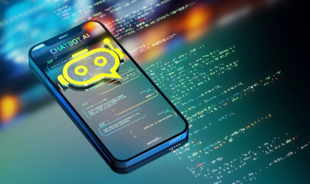 Smartphone Screen Showing An Ai Chatbot Conversation With Digital Code In The Background, Symbolizing Artificial Intelligence And Large Language Models.
