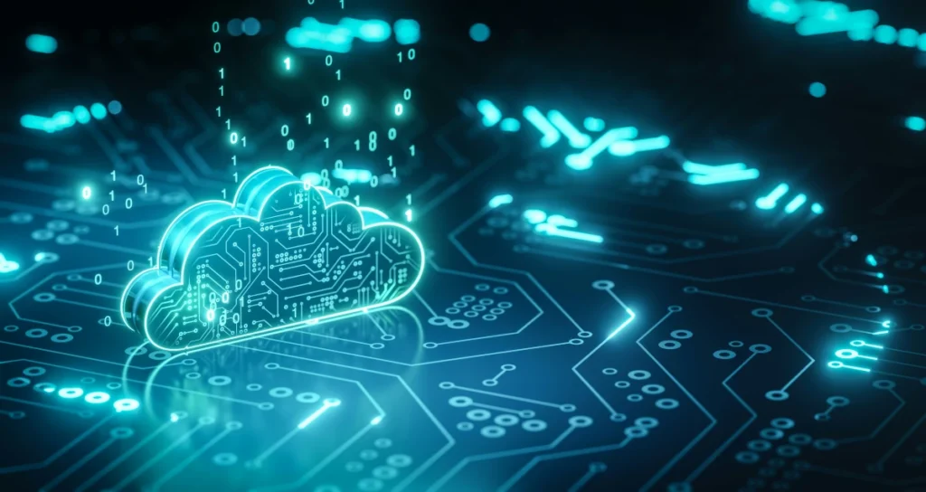 Small Business Server: What Is Better For Your Business? Physical Onsite Server Vs Cloud Offsite Server. 5 Futuristic Glowing Cloud Icon With Binary Code On A Circuit Board, Representing A Small Business Cloud Server Technology And Digital Data