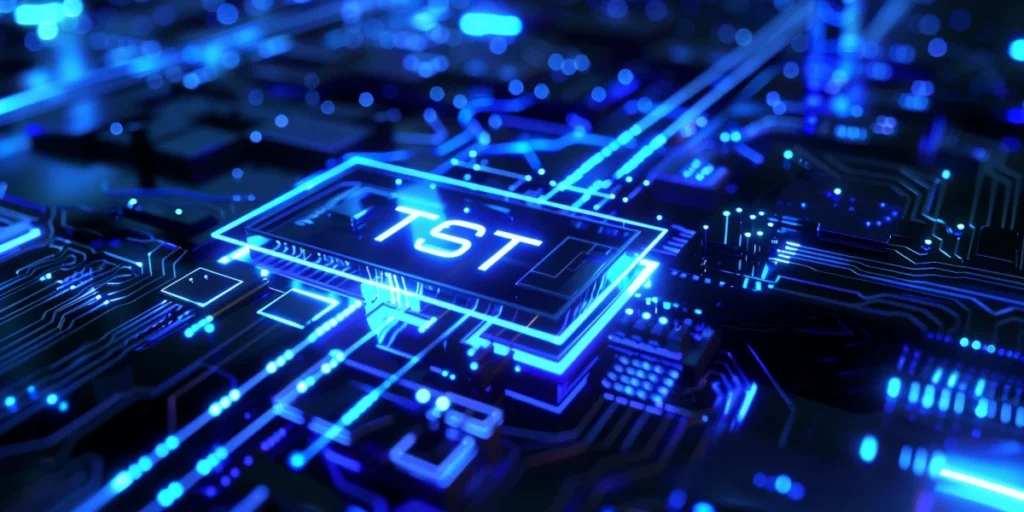 Small Business Server: What Is Better For Your Business? Physical Onsite Server Vs Cloud Offsite Server. 8 Blue Glowing Digital Circuit Board With Tst Logo Representing Advanced It And Server Solutions
