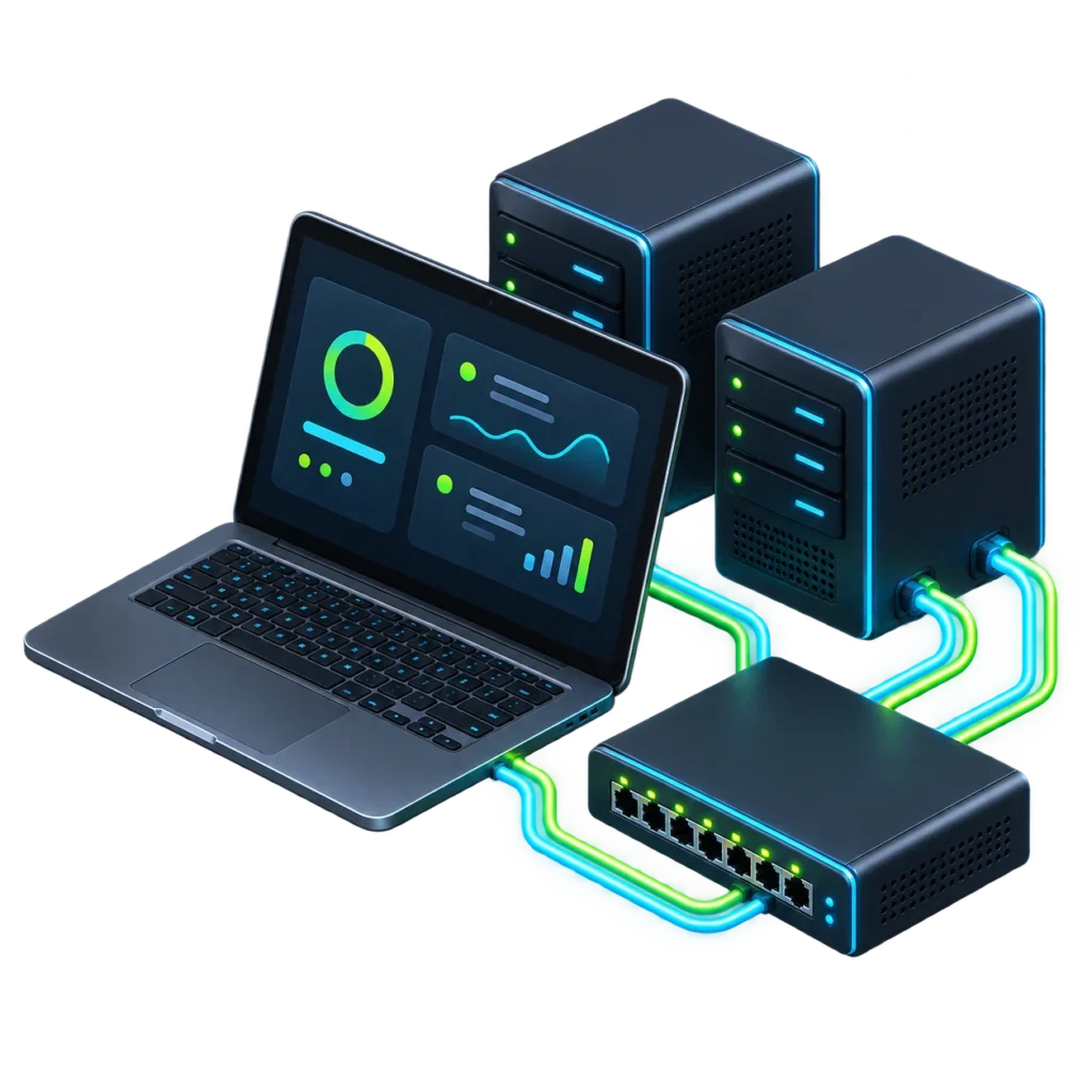 Connected laptop, servers and network switch representing managed IT services.