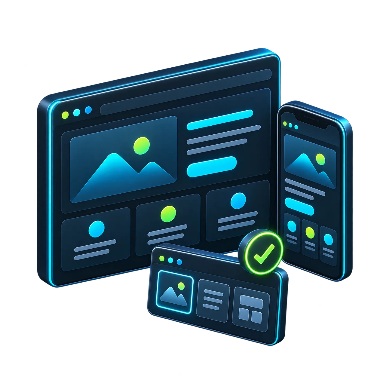 Website layout shown across a browser window and mobile screen, with editing controls and a management status check.