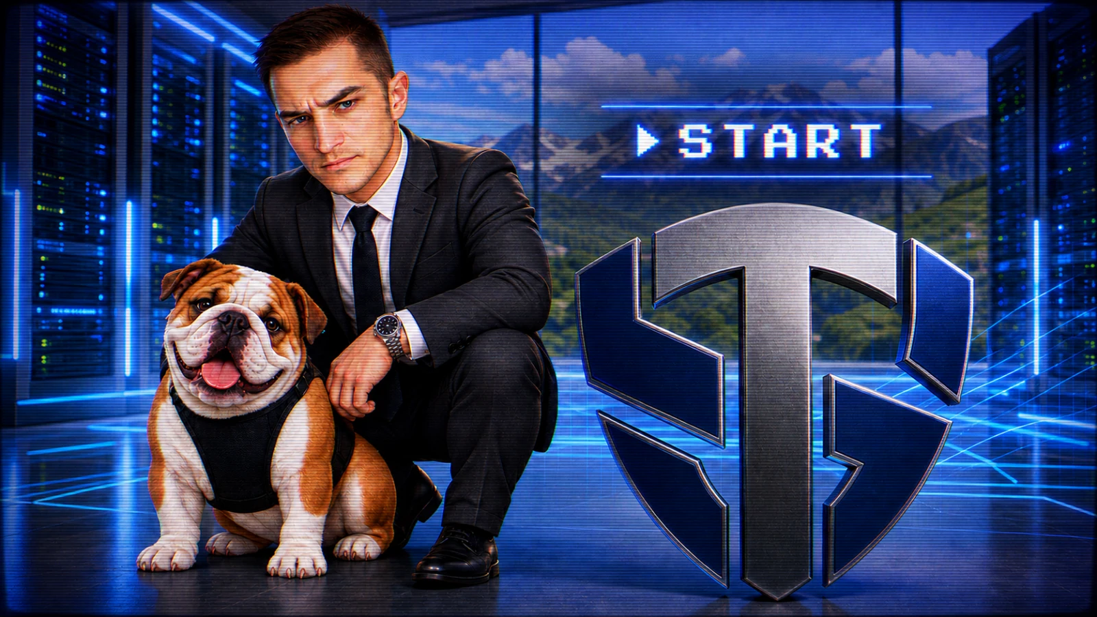 Retro game start screen: Boss, Bulldog and Topshelf shield with a START prompt